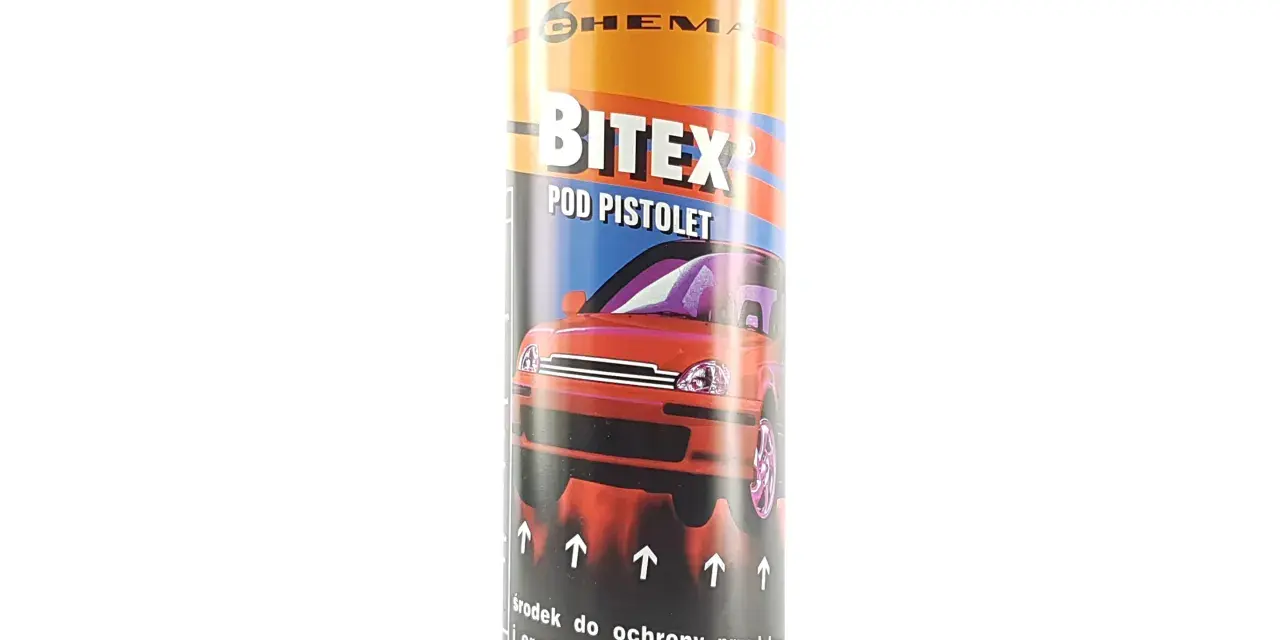 Puszka preparatu Bitex pod pistolet, chroniącego podwozie samochodu przed korozją.
