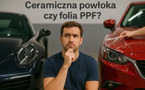 Mężczyzna zastanawia się nad ochroną karoserii: ceramiczna powłoka czy folia PPF? Obok niego stoją dwa auta.