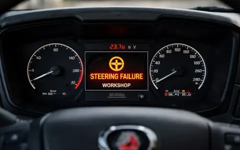 Awaria układu kierowniczego na desce rozdzielczej Scanii. Komunikat "STEERING FAILURE WORKSHOP" sugeruje problem z blokadą kierownicy.