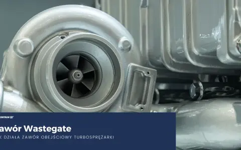 Zbliżenie na turbosprężarkę z widocznym wirnikiem i elementami obudowy. Tekst: "Zawór Wastegate".