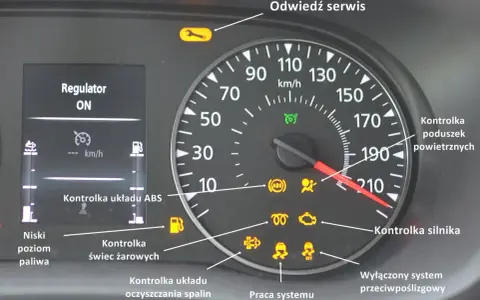 Kontrolka silnika i inne wskaźniki DTC na desce rozdzielczej. Widać też kontrolkę ABS, poduszek powietrznych i serwisu.