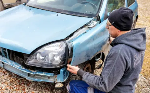 Mężczyzna w czapce i bluzie naprawia niebieską ćwiartkę samochodu, która ucierpiała w wypadku.