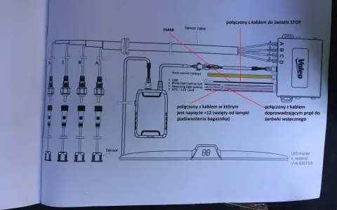 Schemat montażu czujników parkowania Valeo. Pokazuje połączenia z czujnikami, światłem stop, żarówką wstecznego i zasilaniem.