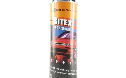 Puszka preparatu Bitex pod pistolet, chroniącego podwozie samochodu przed korozją.