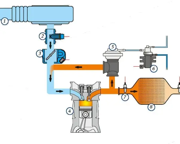 Schemat układu dolotowego silnika z turbosprężarką i recyrkulacją spalin (EGR). Widoczny jest m.in. intercooler, zawór EGR, turbosprężarka i tłumik.