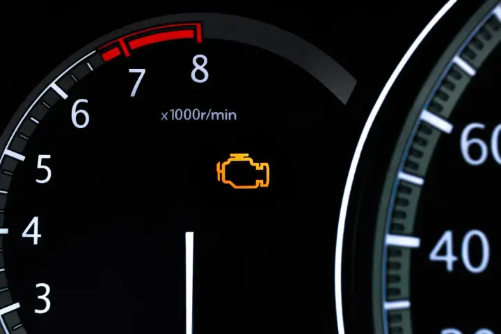 Pomarańczowa kontrolka **check engine** świeci się na desce rozdzielczej obok obrotomierza.