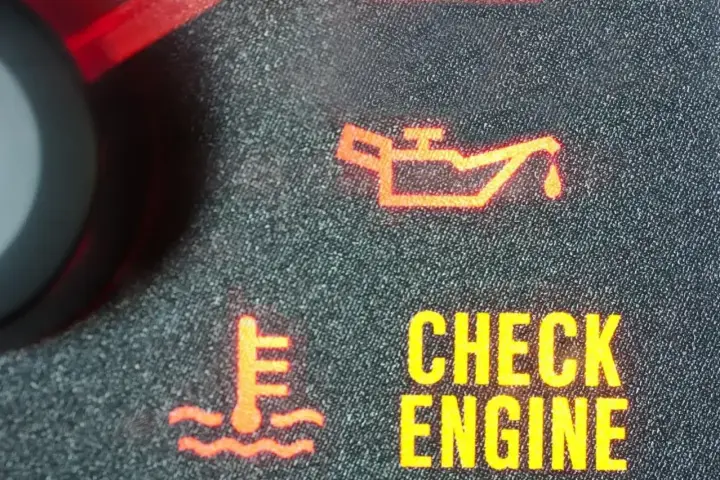 Czerwona kontrolka oleju i żółty napis "CHECK ENGINE" na desce rozdzielczej.